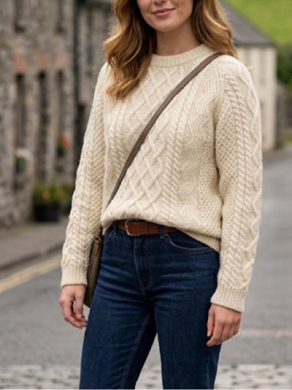 Aran Mor Wool Cable Knit Sweater Size Medium Loose Fit Cream Neutral Loose Fit
